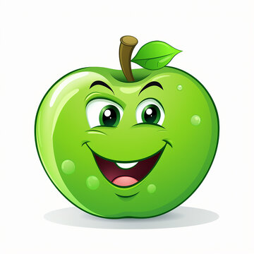 Illustration of a cute green apple face cartoon on white, generative ai