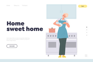 Home sweet home concept for landing page design template with happy woman cooking on kitchen