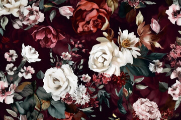 vintage burgundy flower bouquet nature wallpaper decoration peony dark valentine background. Generative AI.