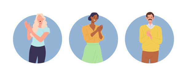 Isolated set of round icon composition with happy people character clapping hands giving compliment