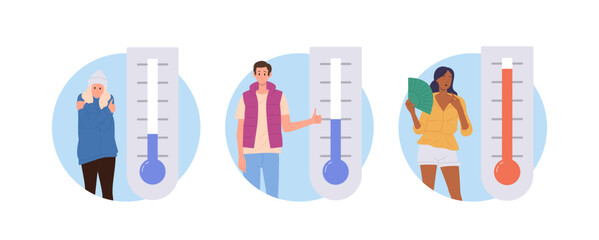 Meteorology thermometer with different temperature degree and diverse people round icon composition