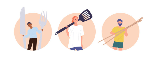 Isolated round icon composition set with happy people holding big kitchen utensils for cooking