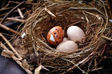 Naklejka na ściany i meble close-up of a fallen birds nest with broken eggshells