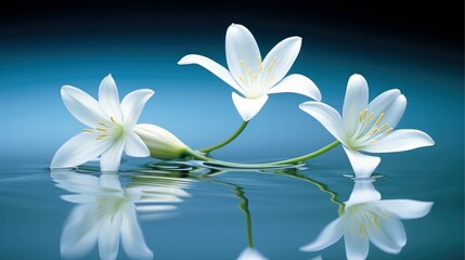 Fototapeta premium Beautiful flower blooming branch over the water with reflection in a pond, close-up with soft focus, Generative AI illustration