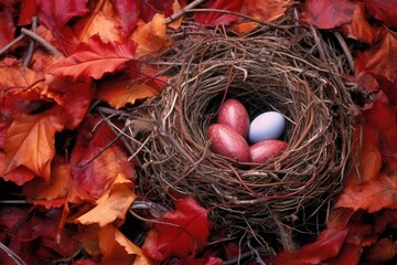close-up of a fallen birds nest on a bed of autumn leaves