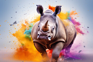 Rhino running towards camera, with colour splach, AI GENERATED