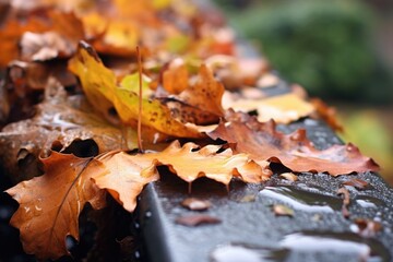 close-up of wet leaves blocking a gutter
