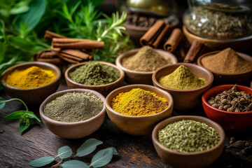 Assortment of natural ayurvedic spices on dark rustic stone background, Healthy spice concept. AI Generative.