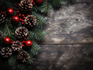 Christmas wood background presents fir branches minimalist
