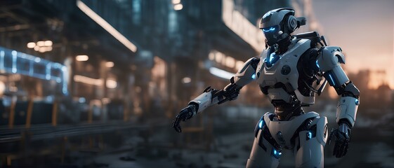 Robot on the background of the night city. 3d rendering. Exoskeleton and AI Concept 