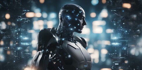 Cyborg man in front of industrial background 3D rendering. Exoskeleton and AI Concept 