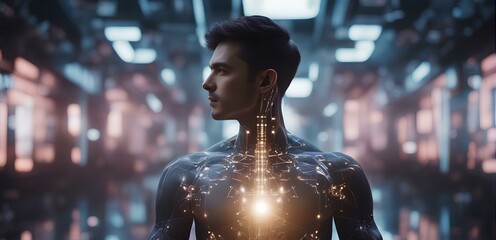 Handsome man with muscular body and glowing head. Exoskeleton and AI Concept 