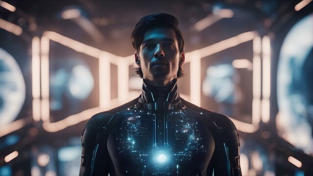 Cyborg looking at camera while standing in futuristic space, Exoskeleton and AI Concept 