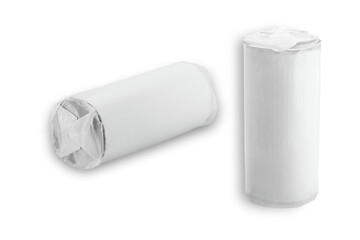 Realistic cylindrical biscuit or cookie package mockup, wrapped in blank white paper. Isolated on white background, perfect for packaging, branding, and product presentation.