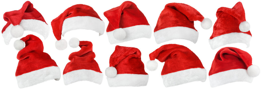 Set of Santa Claus red hat or Christmas red cap isolated on transparent background