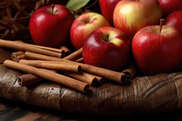 close-up of fresh apples and cinnamon sticks