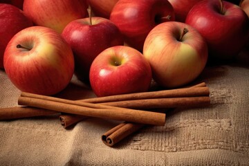 close-up of fresh apples and cinnamon sticks