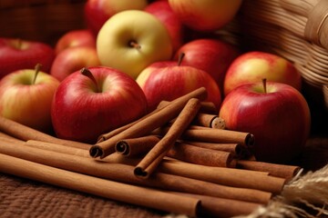 close-up of fresh apples and cinnamon sticks for cider
