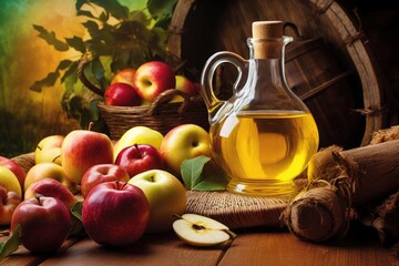 apple cider vinegar in a bottle with fresh apples nearby
