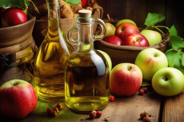apple cider vinegar in a bottle with fresh apples nearby