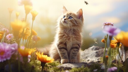 A cat sitting on a rock in a field of flowers - Powered by Adobe