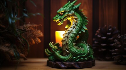 Fototapeta premium A green dragon figurine sitting next to a lit candle
