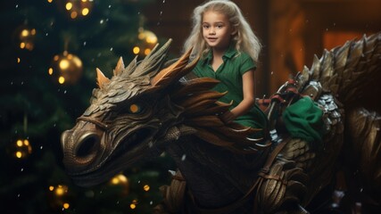 A little girl riding on the back of a dragon