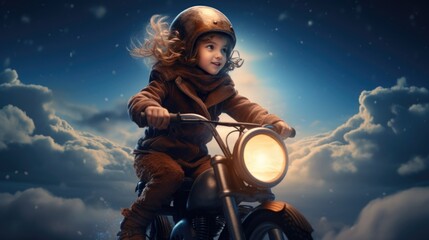 A little girl riding a motorcycle in the sky