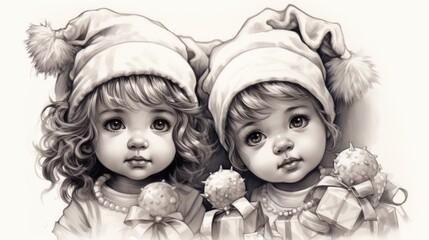 Fototapeta premium A drawing of two little girls wearing christmas hats