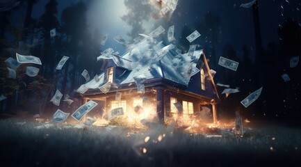 Property insurance or homeowners insurance concept. House and banknotes on fire. - obrazy, fototapety, plakaty