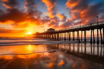 Oceanside Pier at Sunset: A picturesque view of the colorful horizon and the pier silhouetted against the sparkling water - obrazy, fototapety, plakaty