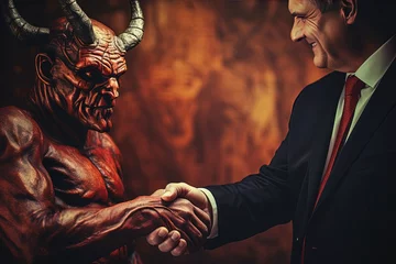 Fotobehang Making a Pact: A Sinister Deal Between Businessman and Devil for Career Achievement © AIGen
