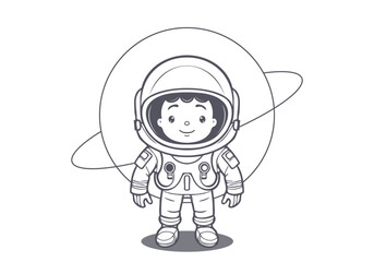 Vector cartoon monochrome graphic small cute smiling astronaut child in a spacesuit. White isolated background.
