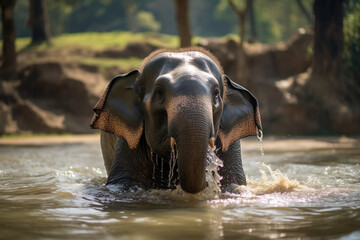 a cute asian elephant is taking a bath