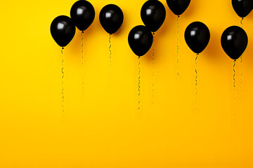 black balloons on yellow background with copy space. Black friday concept