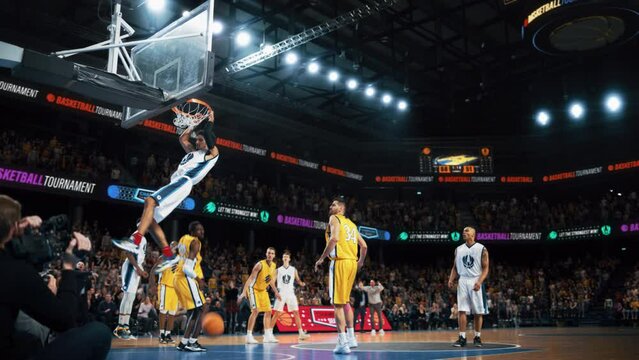 Slow Motion Replay Footage with Two International Teams Playing Basketball at an Arena Crowded with Spectators. White Team Pass the Ball, Player Scoring a Beautiful Goal During an Intense Game