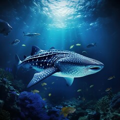 A shark swims underwater against the background of a beautiful sea and the rays of the sun.