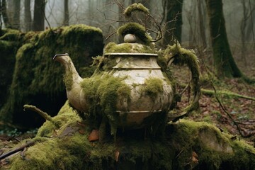 a cracked, weathered teapot on a mossy stone, symbolizing age and time