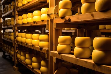 Many heads of yellow dutch cheese in wax ripen on wooden shelves in a cheese factory.