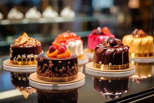 Small cakes on display at the patisserie counter.