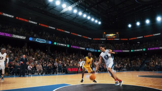 Cinematic Basketball Action on a Streaming Service: White Team Scores a Beautiful Goal. Gifted Teammate Catches the Ball, Dribbles and Performs a Fast Powerful Slam Dunk