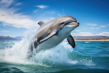 Fototapeta premium Dolphin playing and jumping out of the water , professional photography. Generative AI.