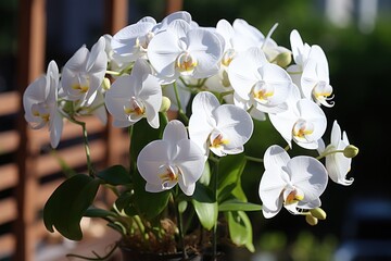 White Phalaenopsis orchid bellflowers photograph. Generative AI.