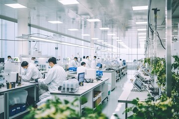 In a state-of-the-art pharmaceutical manufacturing facility, scientists and technicians collaborate to develop cutting-edge medical drugs.