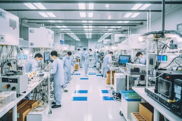 Within a modern industrial facility, technicians and engineers collaborate on the production of pharmaceuticals and semiconductor devices with advanced technology.