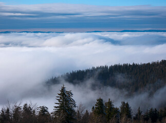 Fog on the slopes of mountain valleys. Sunny day, clear blue sky.