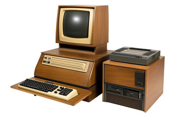 A vintage 1980s desktop PC with a dirty screen and a floppy diskette drive, symbolizing the early days of computing.