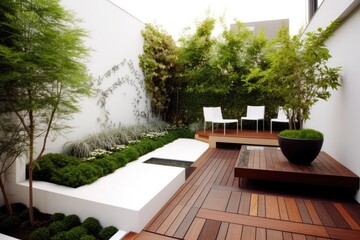 A beautiful wooden patio in a modern home garden, surrounded by lush greenery, offers a perfect...