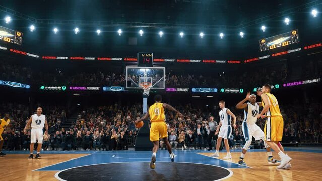 Black Basketball Player Catching a Ball From a Teammate, Running to Score an Impressive Two-Point Goal with a Slam Dunk. Cinematic Sports Channel Slow Motion Footage with Follow Back View Action