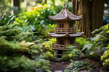 a small wooden pagoda in a lush japanese zen garden